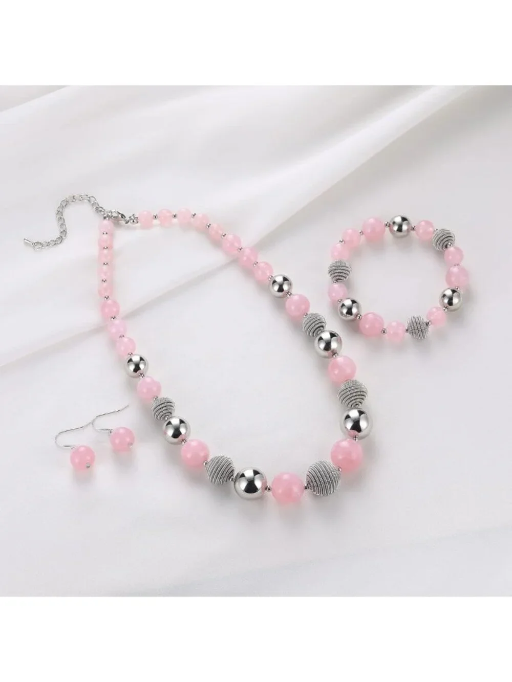 Chunky Beaded Statement Necklace, Earring & Bracelet Set - Silver Fashion
